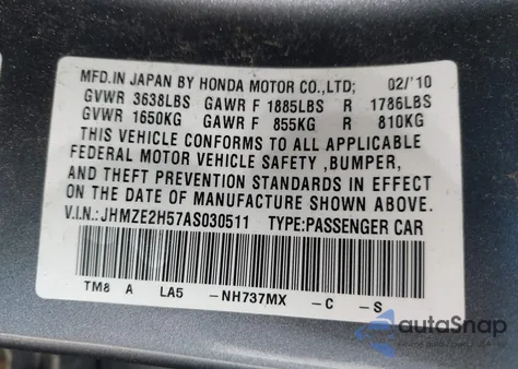 2010 Honda Insight Lx from USA, damaged, VIN JHMZE2H57AS030511